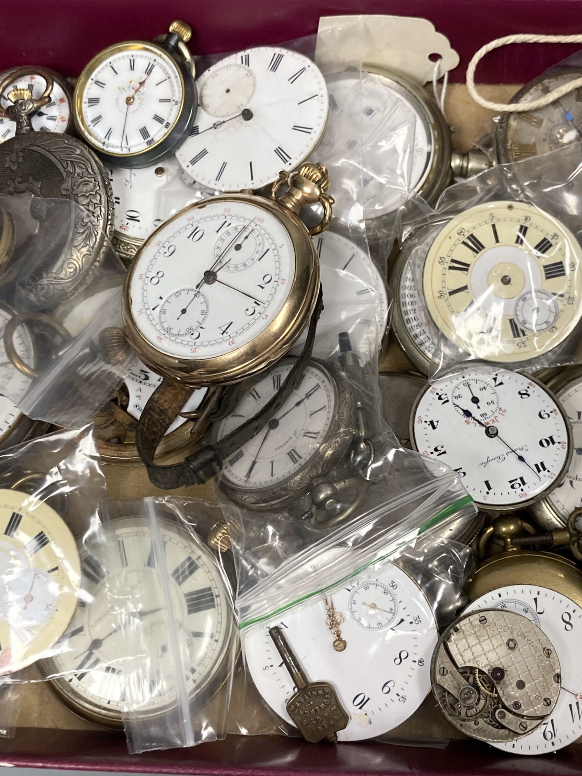 A group of assorted bass metal pocket and fob watches and a small quantity of movements.